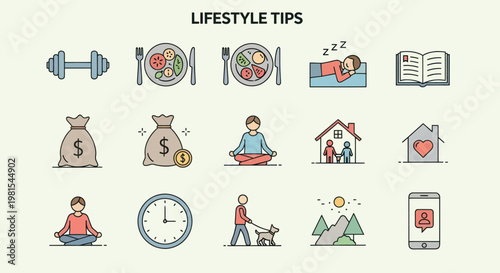 Healthy Lifestyle Icons: Fitness, Nutrition, Sleep, Wealth, Family, Home, Meditation, Time, Outdoors, Social Media