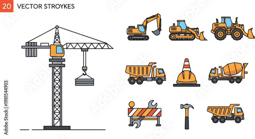 Construction Equipment Set: Crane, Excavator, Truck, Loader, Concrete Mixer, Tools
