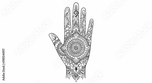 The alevidhanu decorated hand with intricate designs is raised upwards.