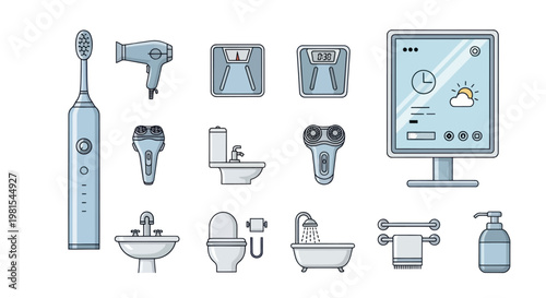 Bathroom Icons Set: Smart Home Technology & Hygiene Essentials
