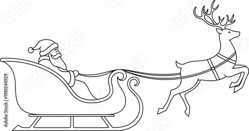 Santa Claus rides in a festive holiday sleigh pulled by a reindeer with large antlers