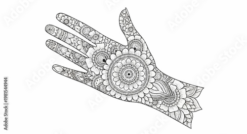 Alefidhanu decorated hand with intricate mehndi designs on palm and fingers