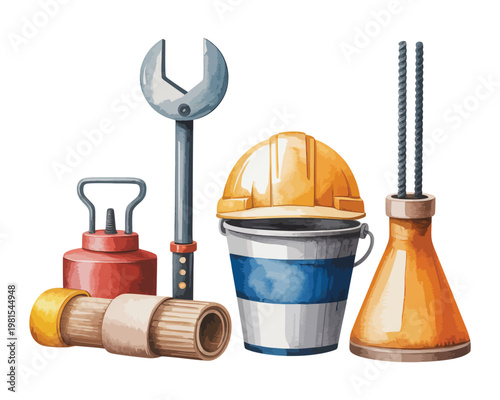 Watercolor Construction Tools and Essentials Clipart, DIY Building Equipment Vector Illustration Isolated on White Background