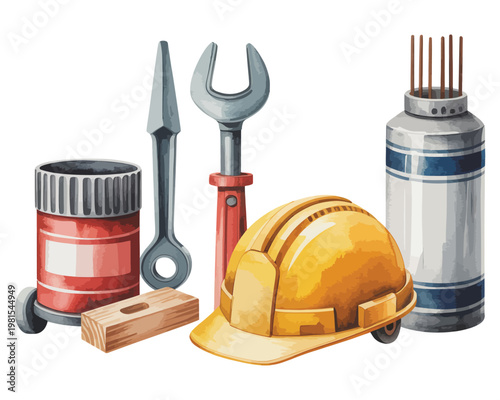 Watercolor construction essentials vector illustration isolated on white background