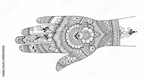 Intricate henna designs adorn alevidhanu hand with jewelry and patterns