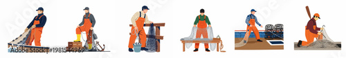 Professional fishermen set engaged in commercial fishing activities including hauling nets, sorting catch, and working on boat decks in flat vector style.