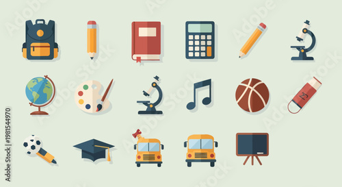 School Supplies and Education Icons Set: Backpack, Globe, Books, Bus, Microscope, Art
