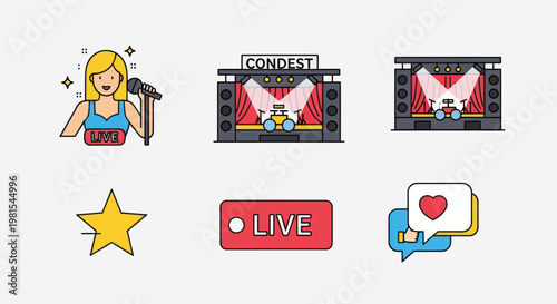 Live Performance Icons: Singer, Stage, Star, Social Media Chat