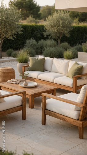 A serene backyard patio setting with outdoor furniture arranged on a stone floor surrounded by lush greenery and trees.