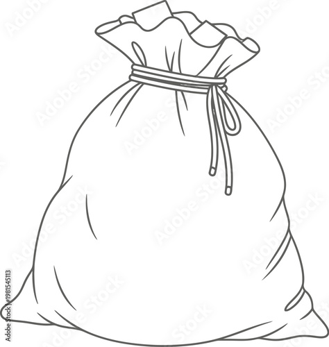 A simple line drawing of a tied sack or bag with a drawstring