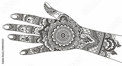 Intricate mehndi design on a hand with floral patterns and alevidhanu elements