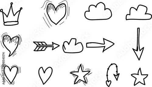 A collection of hand drawn doodle elements including hearts crowns stars and arrows on transparent background