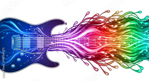 Vibrant guitar emits colorful energy waves in lively scene indoors