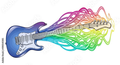 A vibrant electric guitar produces a swirling rainbow of colorful wires.