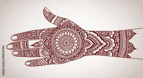 Intricate henna design on a hand with alevidhanu patterns and Indian mehndi art