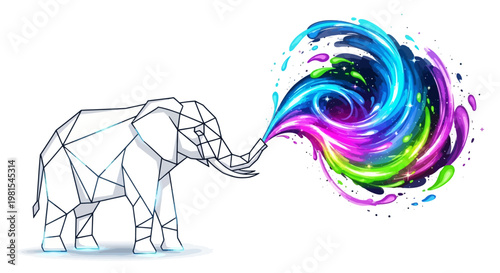 A polygonal elephant blows colorful swirling paint in a creative scene.