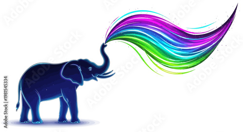 Elephant blows colorful smoke in a magical outdoor scene with rainbow hues.