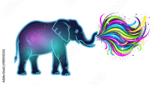 An elephant blows out colorful swirling lines from its trunk in a vibrant scene.