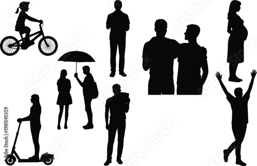 People silhouettes set with pregnant woman, kids on bicycle and scooter, couples and individuals