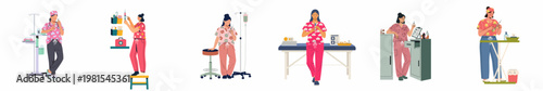 Collection of female nurses in colorful patterned scrubs performing various medical tasks, preparing injections and checking charts in a hospital setting.