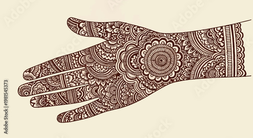 Intricate alevidhanu henna design adorns a woman's hand with floral patterns