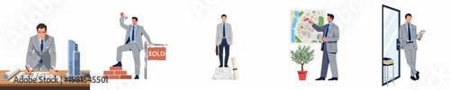 Set of flat illustrations featuring a professional businessman in various roles including architect, real estate agent, and property developer.