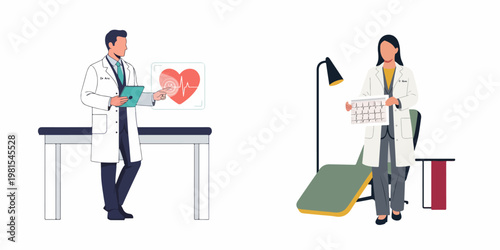 Vector illustration of male and female cardiologists examining heart health results using a tablet and EKG printout in a clinic.