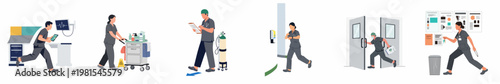 Set of flat vector illustrations depicting diverse healthcare professionals in grey scrubs performing various medical duties in a hospital or clinic environment.