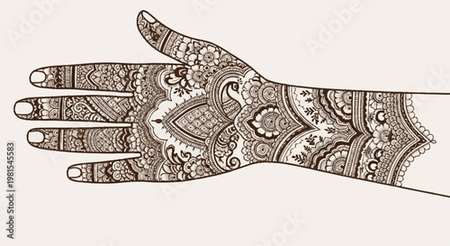 Intricate alevidhanu henna design on a woman's left hand and forearm