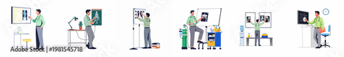 Flat vector illustration set of a male radiologist doctor examining various medical x-ray scans and diagnostic images in a hospital or clinic setting.