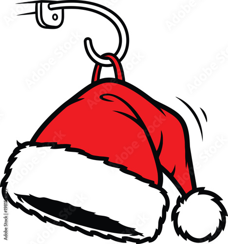 A cartoon Santa hat hanging on a hook with a white background
