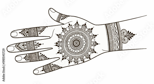 Alepidhanu mehndi design illustration on a woman's left hand showcasing intricate henna patterns inspired by Image_fx 47
