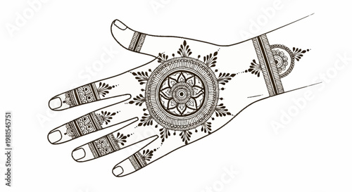 Intricate henna designs adorn alevidhanu hand with circular patterns and floral motifs on fingers and wrist for cultural celebrations