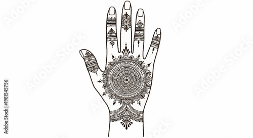 Intricate henna design adorns alevidhanu hand with patterns on fingers