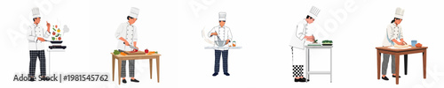 Set of professional chefs in uniform cooking, chopping, whisking, plating, and kneading dough, isolated on a white background.