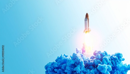 Rocket launch white exhaust blue smoke gradient background