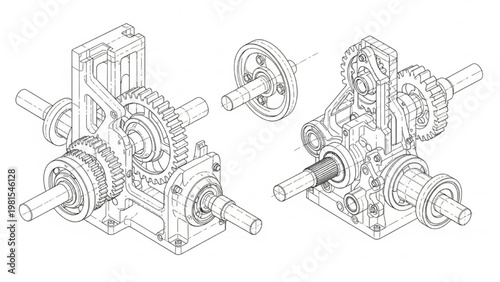 Exploded Gearbox Mechanism Technical Drawing – Industrial Machine Gears Engineering Blueprint Line Art