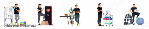 Collection of flat vector illustrations depicting various fitness professionals, personal trainers, and healthy lifestyle activities such as coaching, tracking, nutrition, and equipment management.