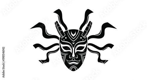 Mask design featuring intricate tribal patterns and horn-like elements creates a mysterious atmosphere.