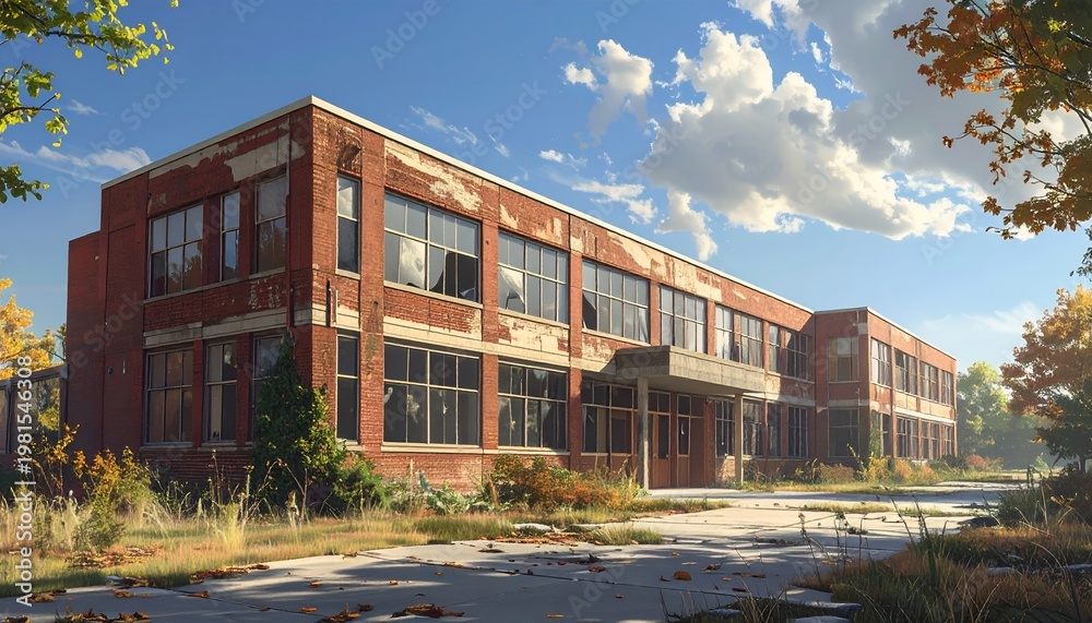 Fototapeta premium Dilapidated brick building with broken windows under a blue sky