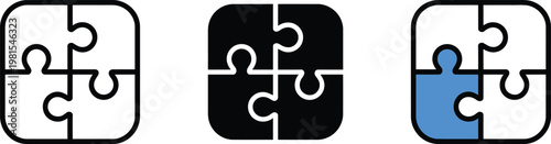 Set of three puzzle piece icons, line, solid, and color versions, isolated on transparent background