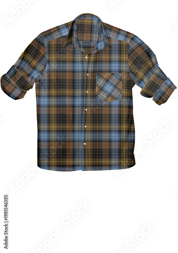 Men's Olive and Blue Tartan Plaid Button-Down Shirt with Rolled Sleeves, Ghost Mannequin Mockup Isolated on White