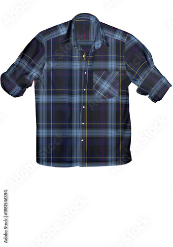 Men's Navy and Royal Blue Plaid Button-Down Shirt with Rolled Sleeves, Ghost Mannequin Mockup Isolated on White