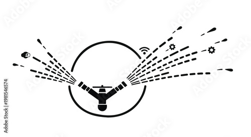 Sprinkler system sprays water in a circular motion to illustrate automated irrigation techniques for efficient agricultural landscape maintenance.