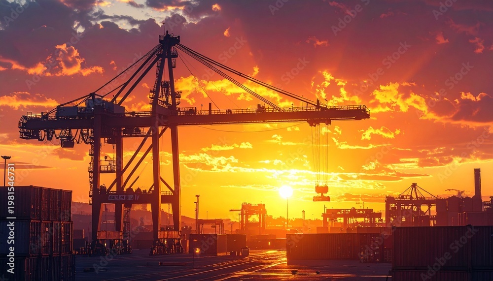 Obraz premium Industrial Cranes at Sunset in Shipping Yard.