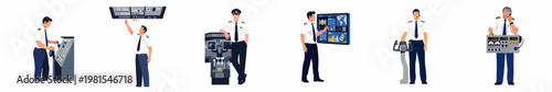 Collection of flat vector illustrations featuring professional airline pilots in uniform operating various cockpit controls, flight instruments, and communication systems on white background.