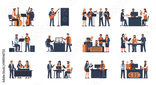 Musicians Performing, Office Work, Creative Studio, Team Collaboration, Business Meetings
