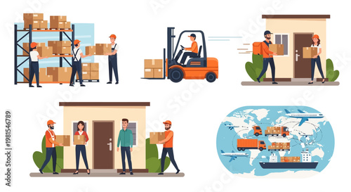 Logistics and Delivery Services: Warehouse, Forklift, Shipping, and Global Distribution