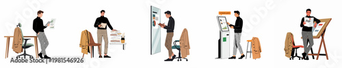 Set of illustrations depicting a businessman in various office scenarios including reviewing data, planning, and interacting with digital kiosks.