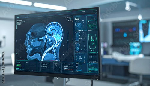 Advanced Brain Scan: An intricate view of human brain structure, illuminated on a modern monitor in a cutting-edge medical setting, epitomizing the marvels of science and technology. 